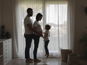 Fotografia dolce attesa in casa con partner e bimbo - lago di Garda