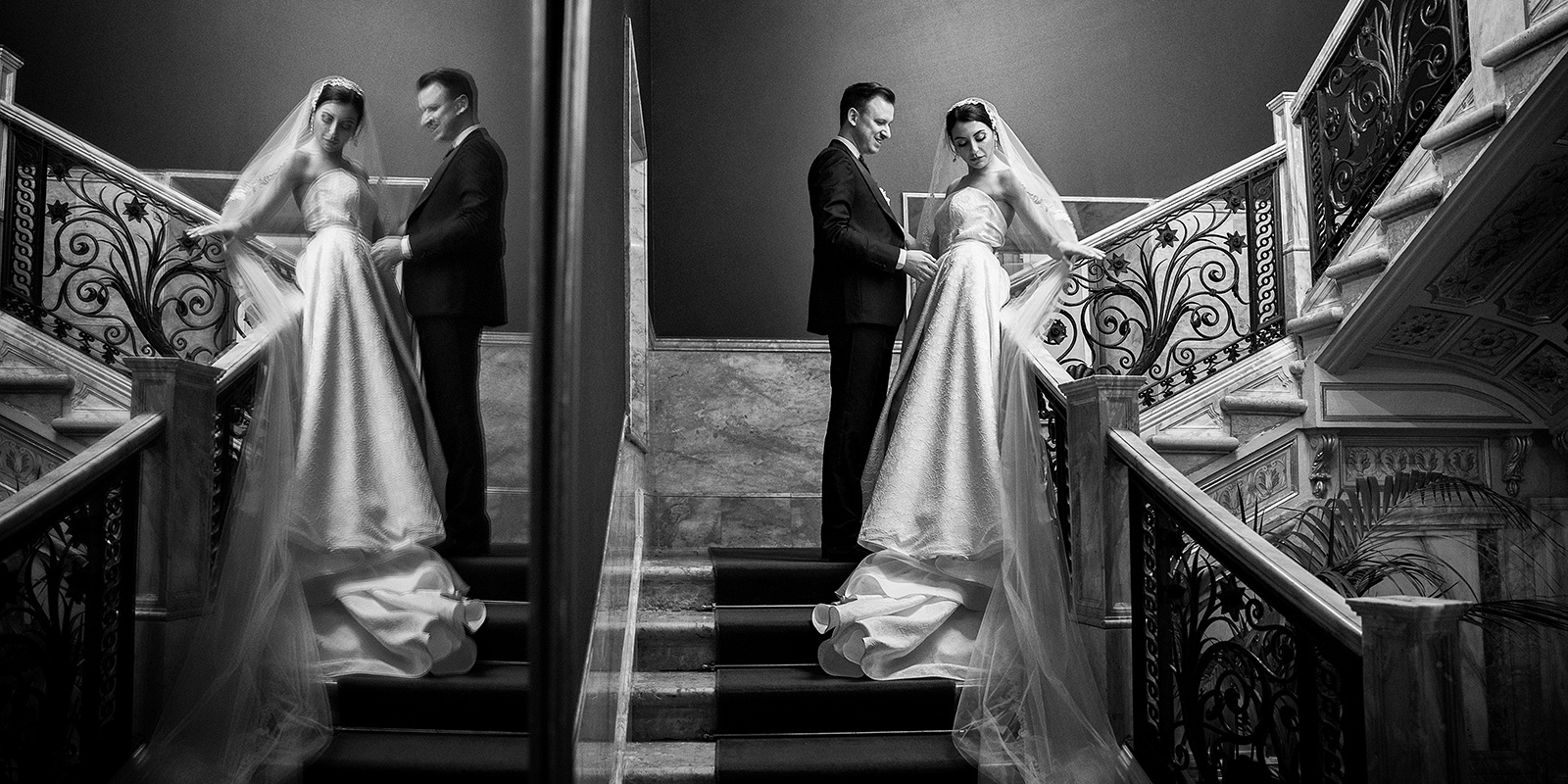 sposi salgono le scale di villa fiordaliso a gardone riviera